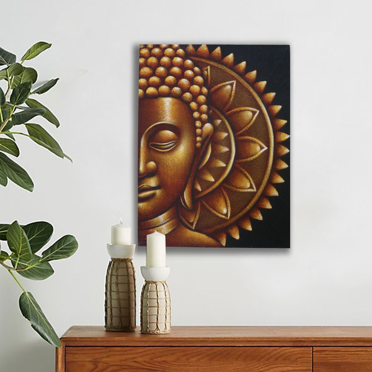 Handgemaltes Buddha Halbmandala auf Leinwand 60x80 cm - Goldakzente