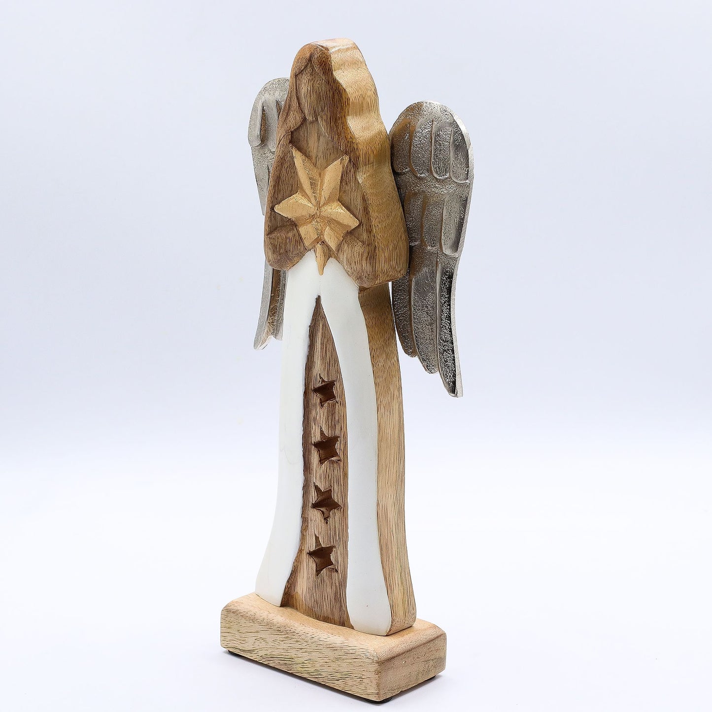 Handgeschnitzter Engel mit Stern – Skulptur aus Mangoholz und Metall
