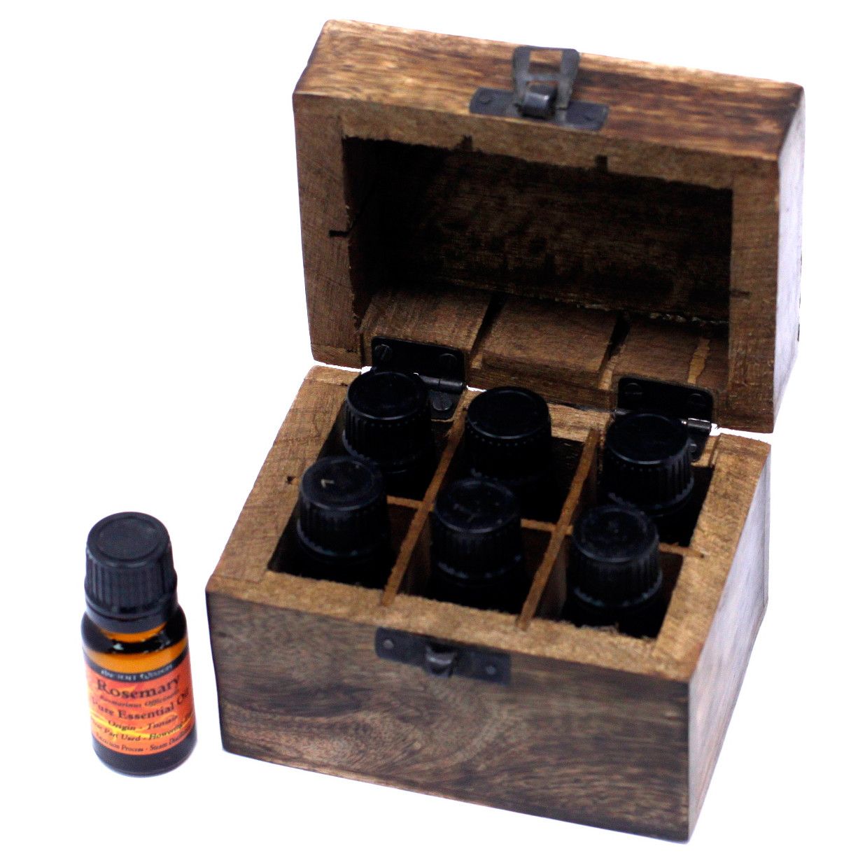Handgeschnitzte Aromatherapie-Box aus Mangoholz mit Blumenmotiv für 6 Öle