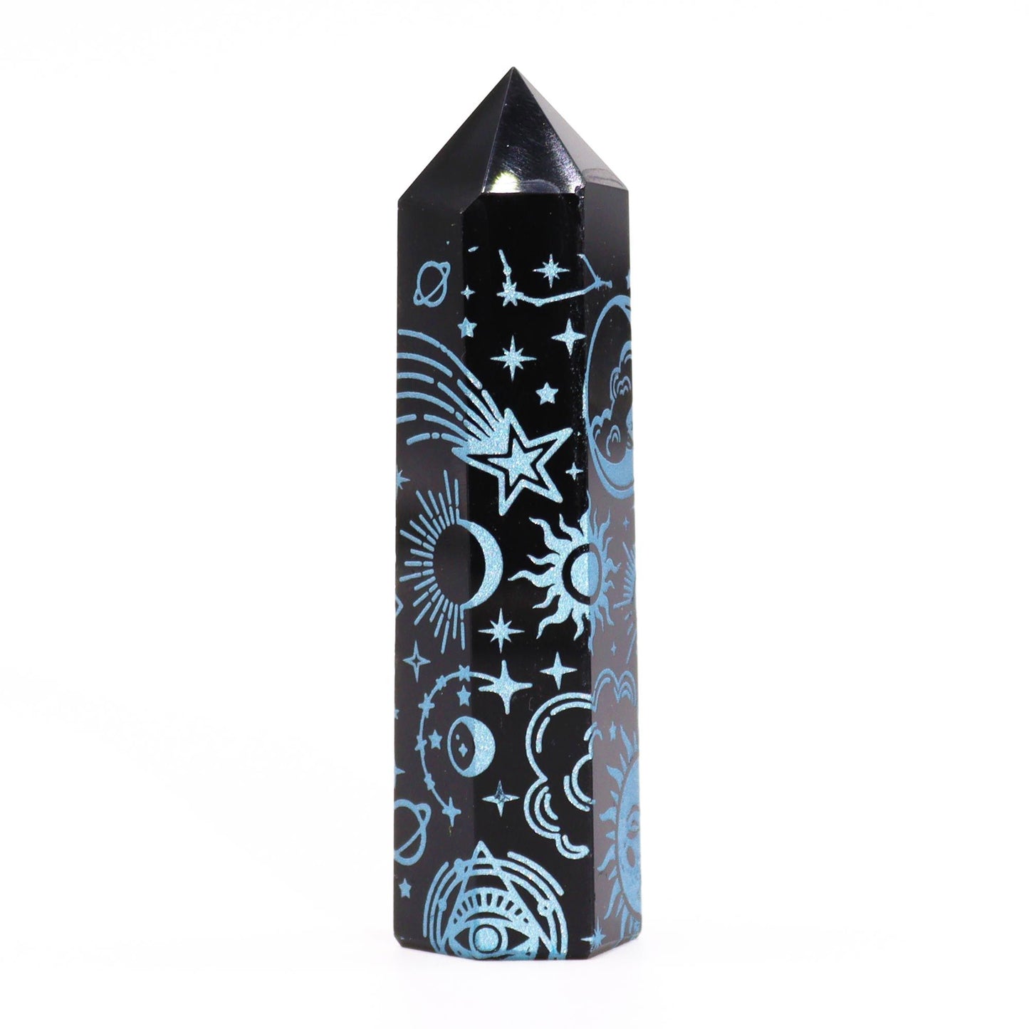 Sternen-Obsidian Spitze in Himmelblau – Mystischer Obelisk mit Gravur
