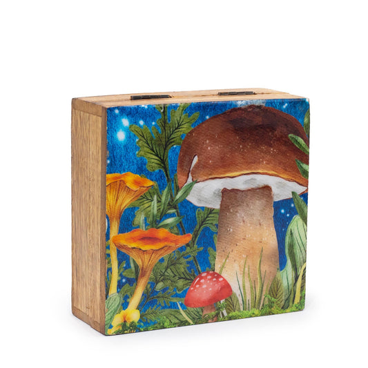 Handgefertigte Mangoholz-Box mit verträumtem Pilzmotiv in Türkis