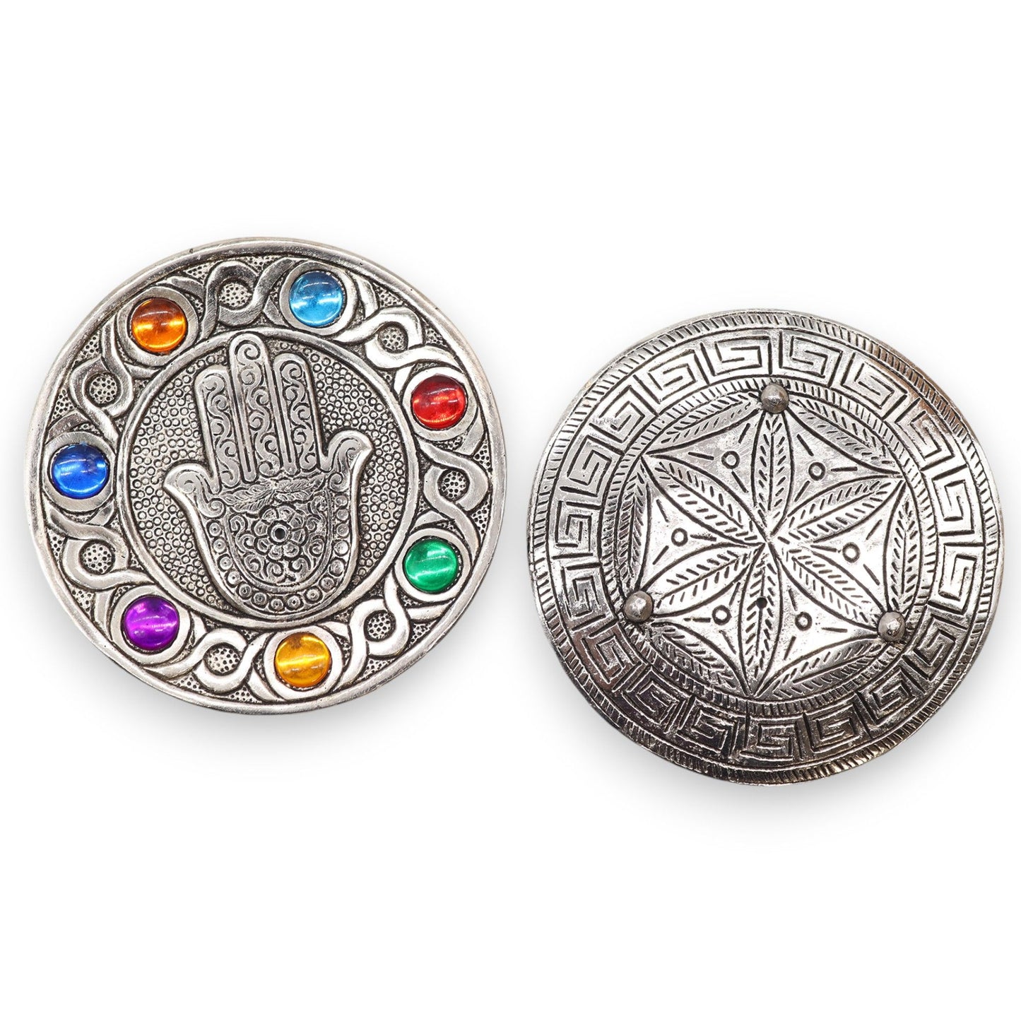 Hamsa Hand Räucherstäbchenhalter mit 7 Chakren – 11,5 cm aus poliertem Aluminium