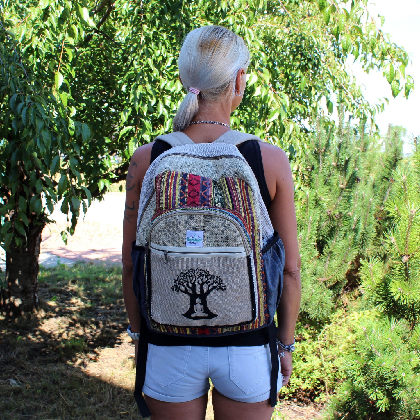 Großer Rucksack aus Hanf-Baumwolle mit Bodhi-Baum Muster – Leicht & Organisiert
