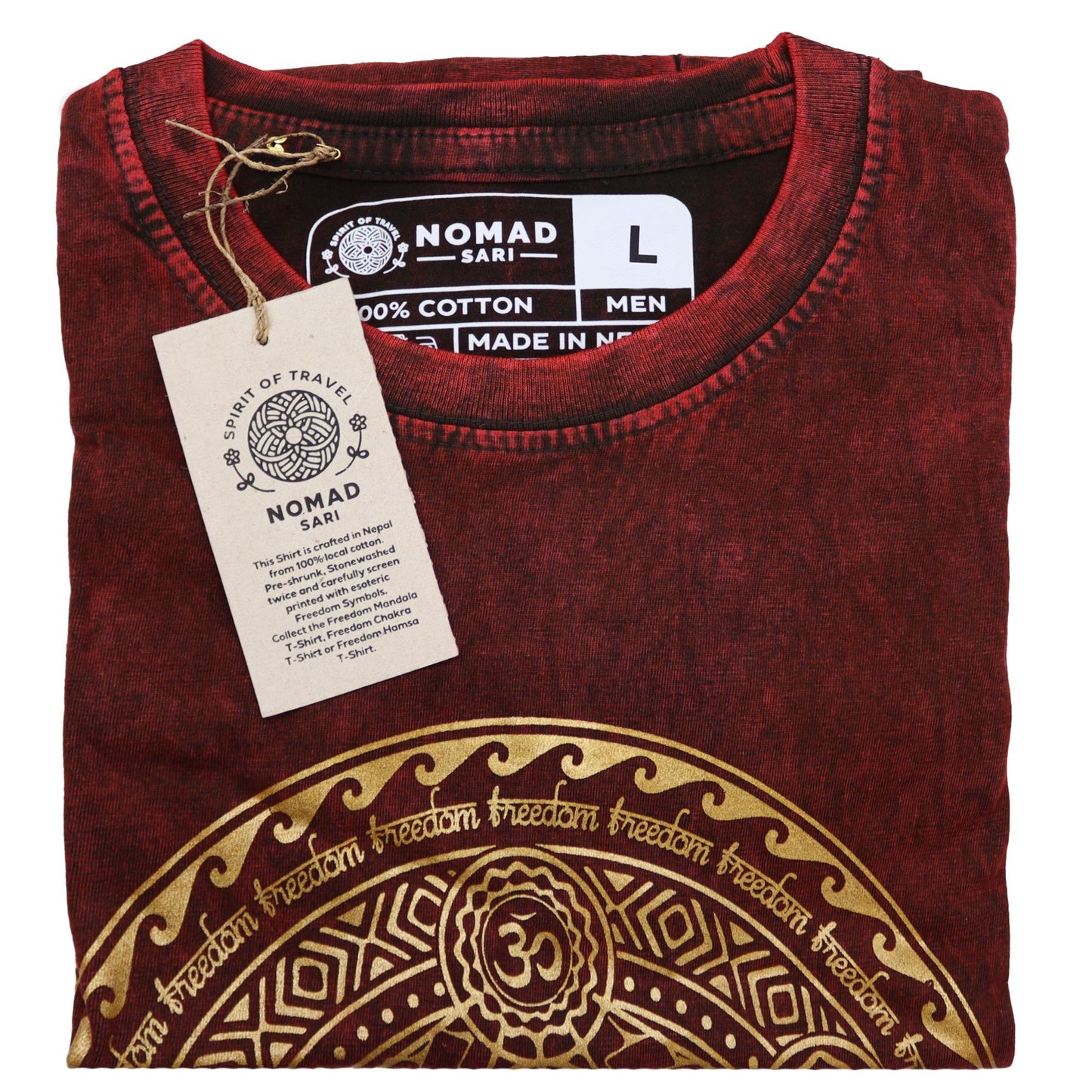 Stonewash T-Shirt in Maroon mit Chakra-Motiv – Handgefertigt in Nepal
