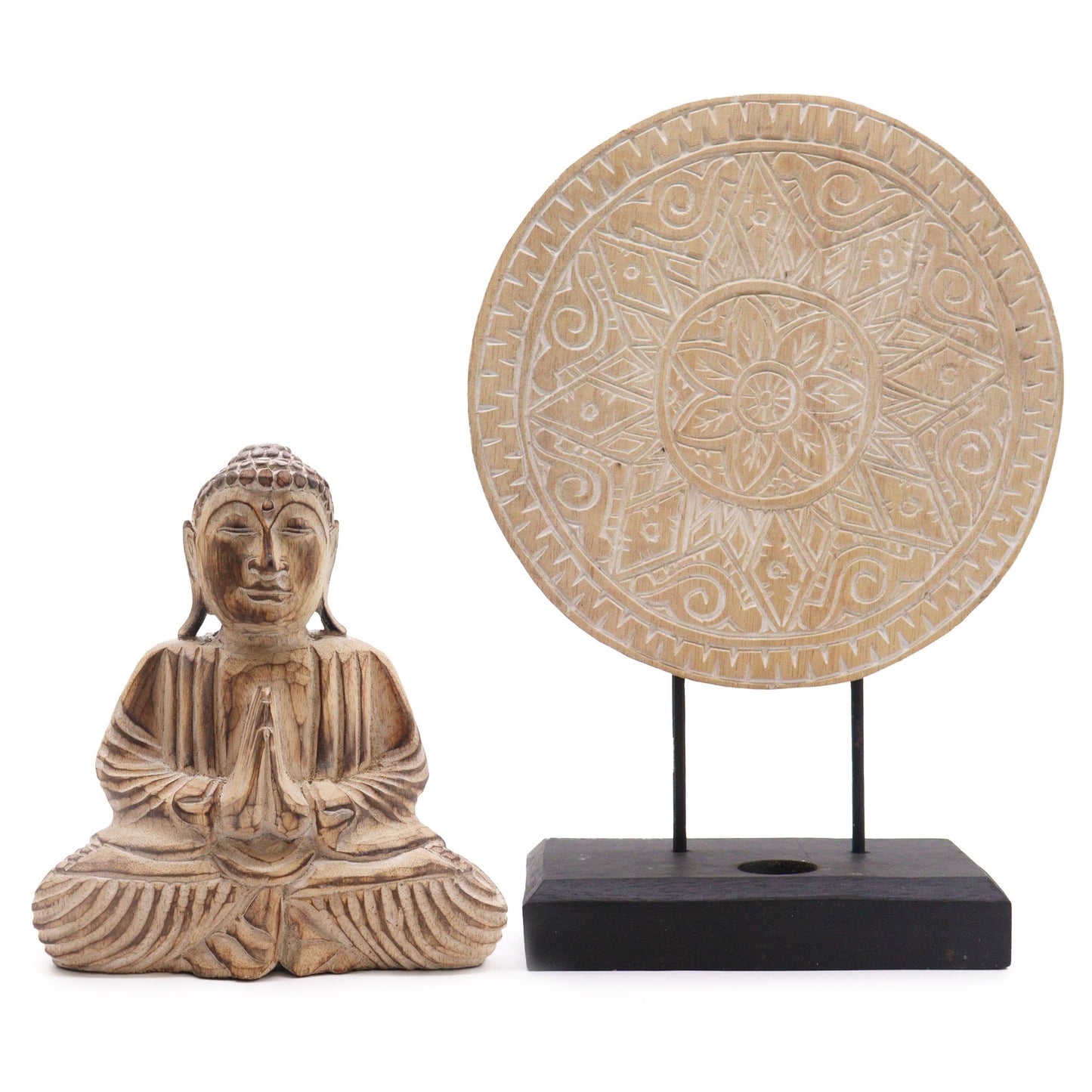 Buddha-Statue mit Mandala-Ständer – Feng Shui Set aus balinesischem Albasia-Holz