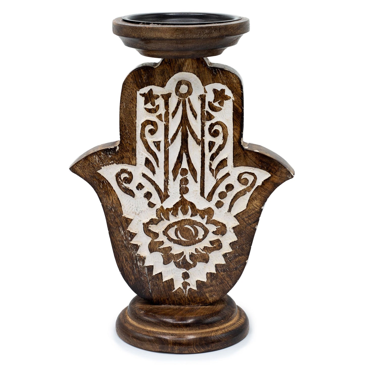 Kerzenständer Hamsa-Hand – Handgeschnitzt aus Mangoholz, 25 x 18 cm