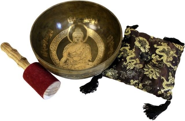 Premium Klangschalen-Set 'Goldener Buddha' mit Kissen und Stab - 19 cm