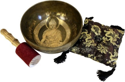 Premium Klangschalen-Set 'Goldener Buddha' mit Kissen und Stab - 19 cm
