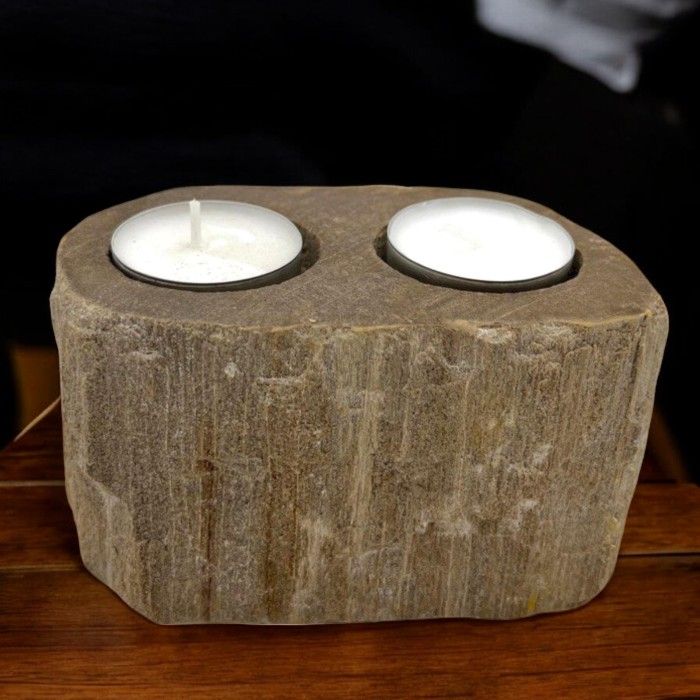 Doppel-Kerzenhalter aus versteinertem Holz und Marmor – Ein handgefertigtes Naturkunstwerk