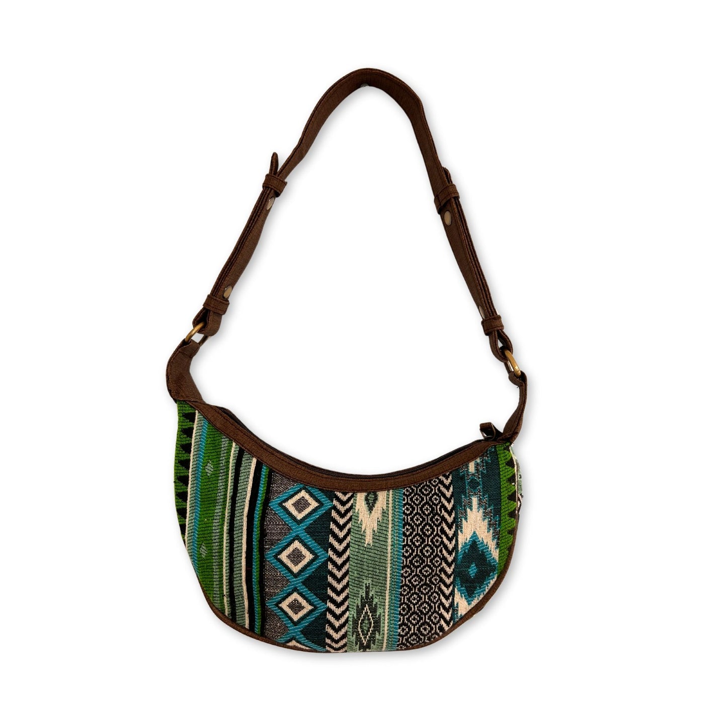 Jacquard Hobo Tasche in Edelgrün – Handgewebtes Baumwoll-Unikat mit braunem Riemen