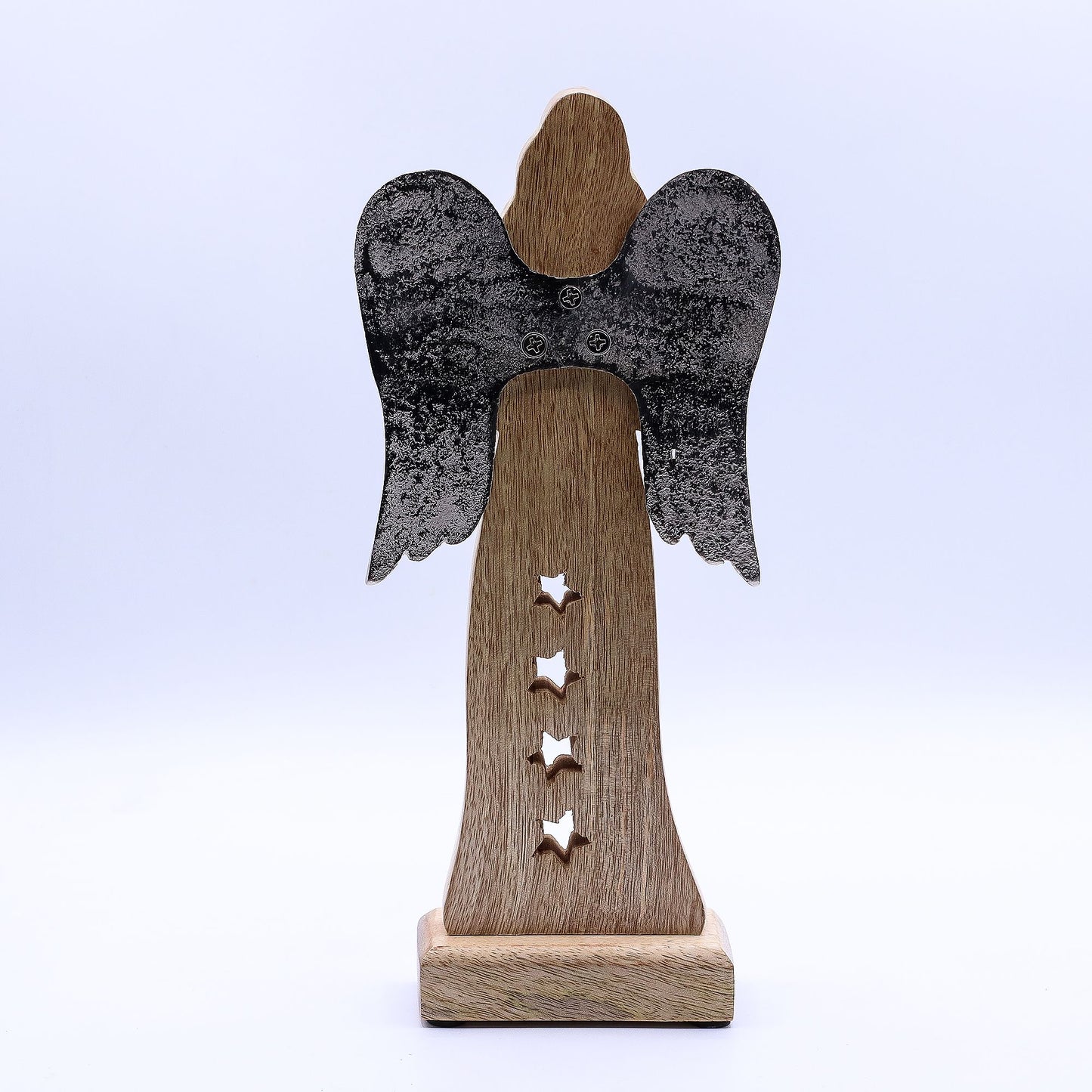 Handgeschnitzter Engel mit Stern – Skulptur aus Mangoholz und Metall